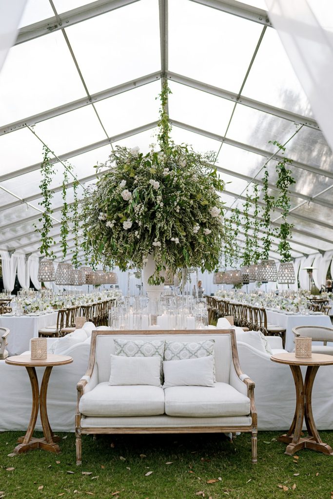 White linen wedding lounge at tented wedding