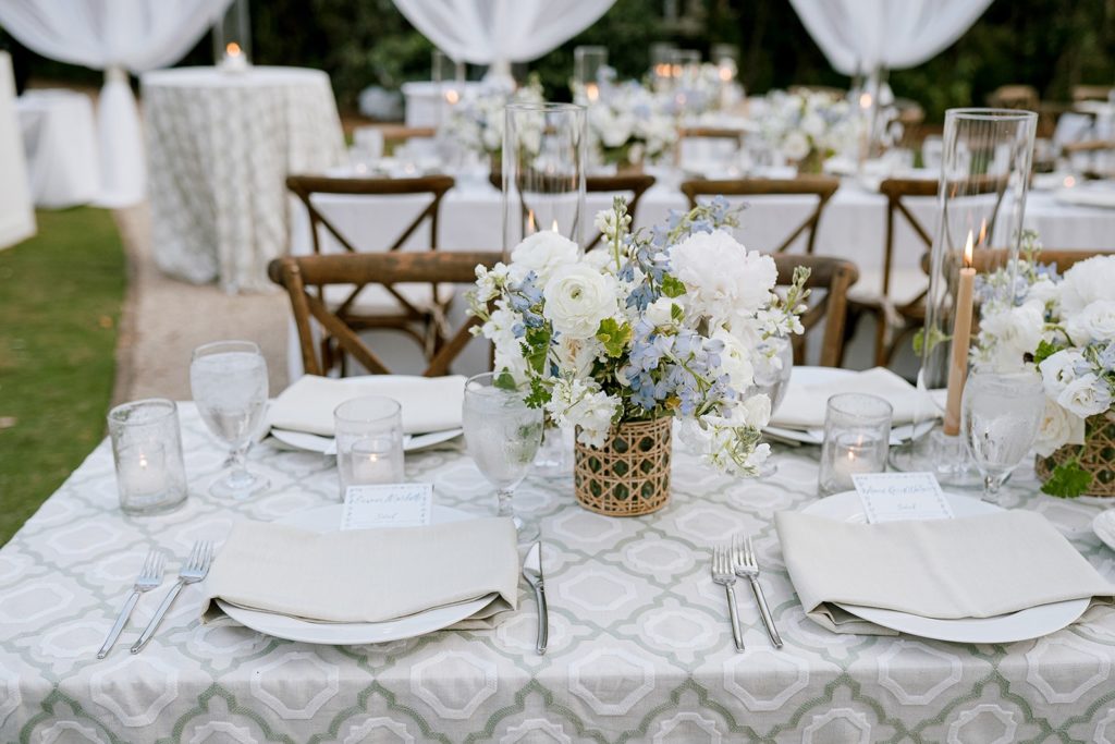 Dusty blue and white wedding table decor