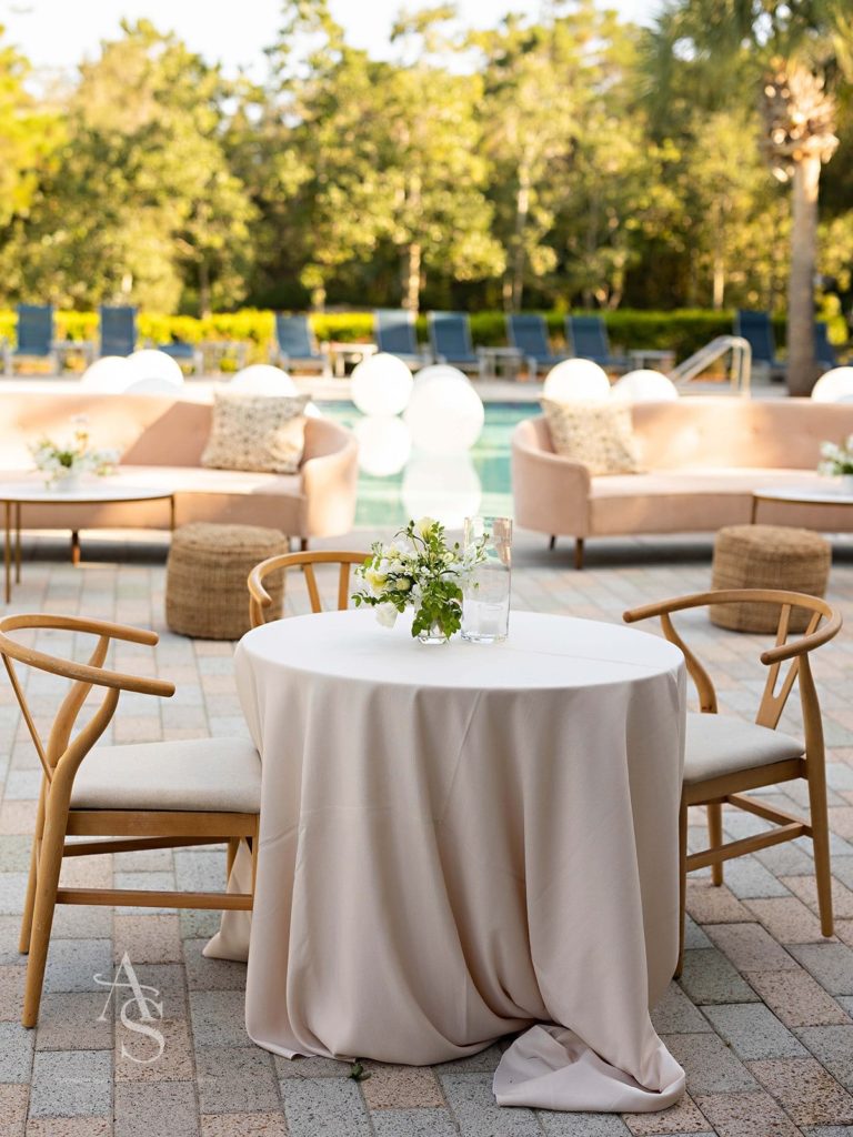 Wedding cocktail tables and lounges in tan