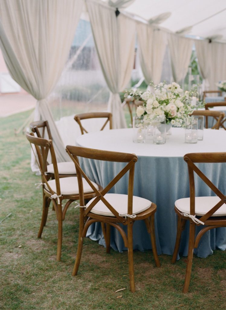 Blue table with wood chairs