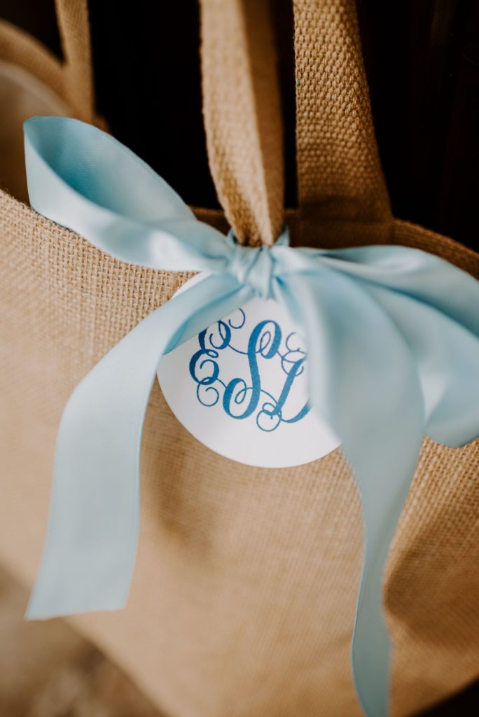 cloth bag with blue ribbon