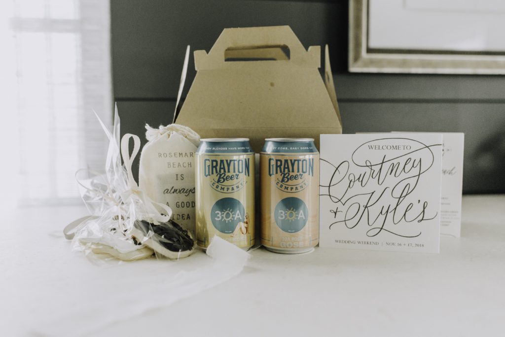 wedding welcome box with cookies, beer and pecans