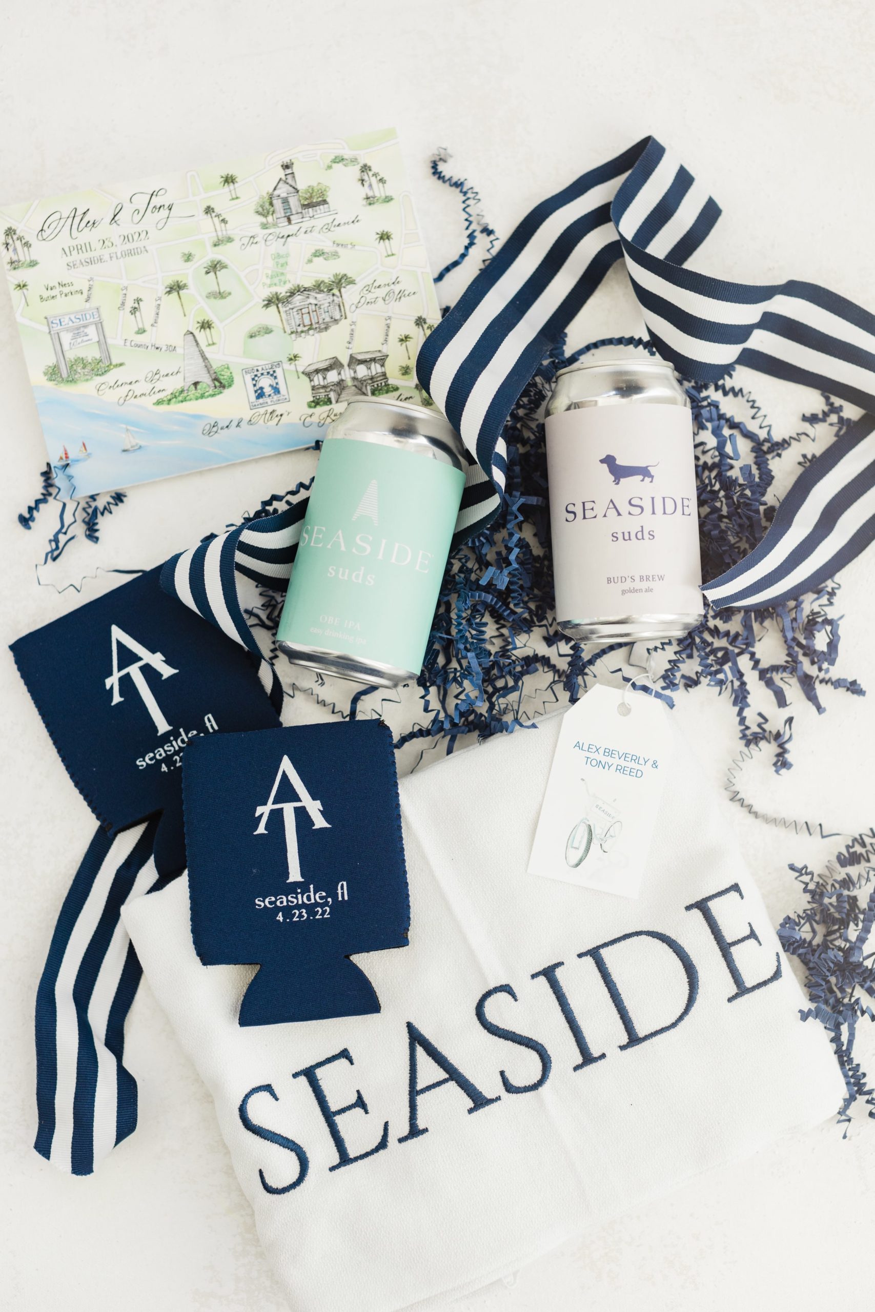 Blue & white wedding welcome box with coozies