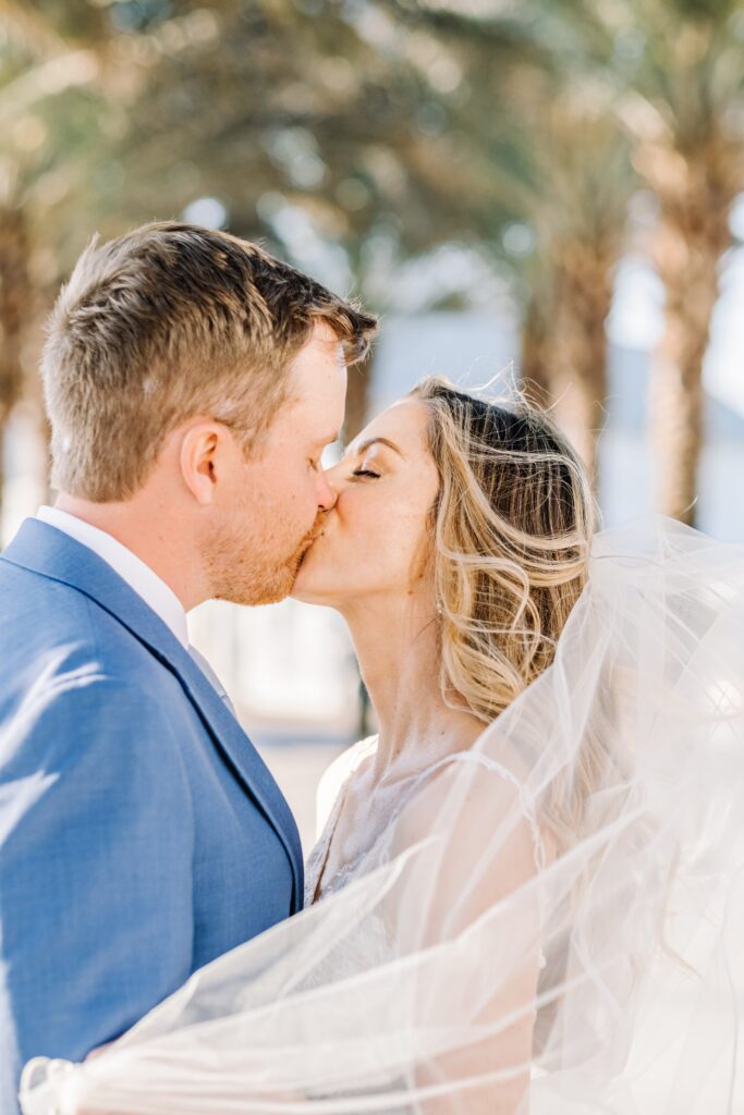 Bride and groom kissing with wedding veil